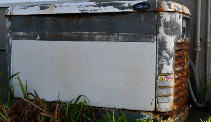 Close-up view of a damaged generator