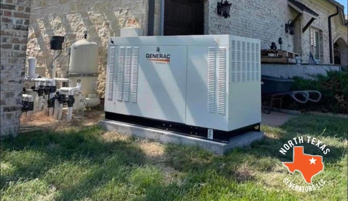 A Generac generator installed near an outdoor utility area